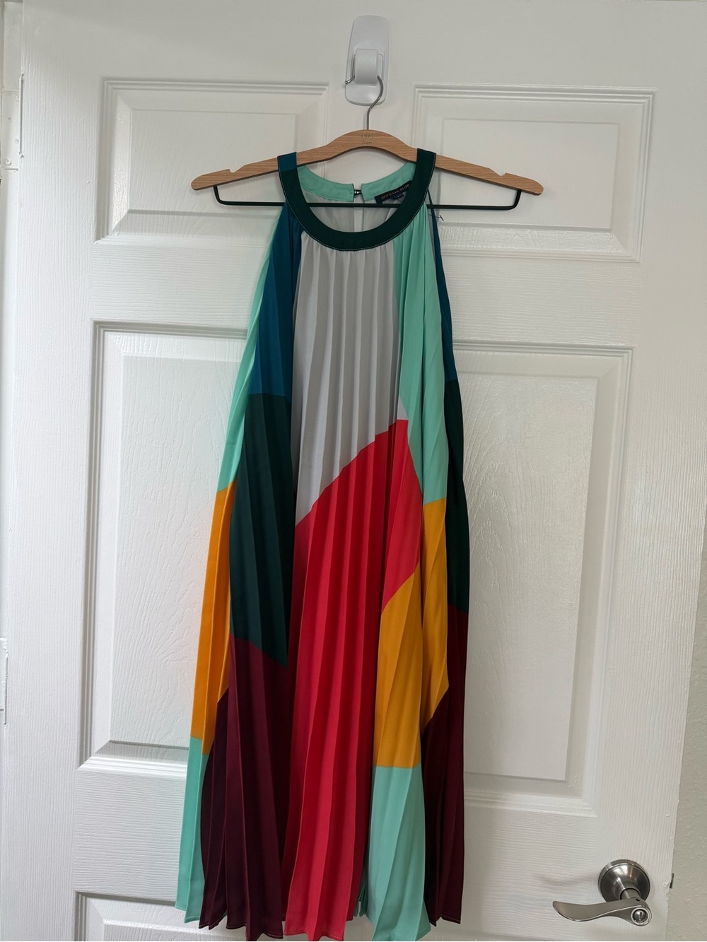 Skies Are Blue Multicolor Pleated Halter Midi Dress Sz s no belt lined